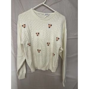 Vintage Tan F Jay Sweater Hand Embroidered Flowers Women’s Medium